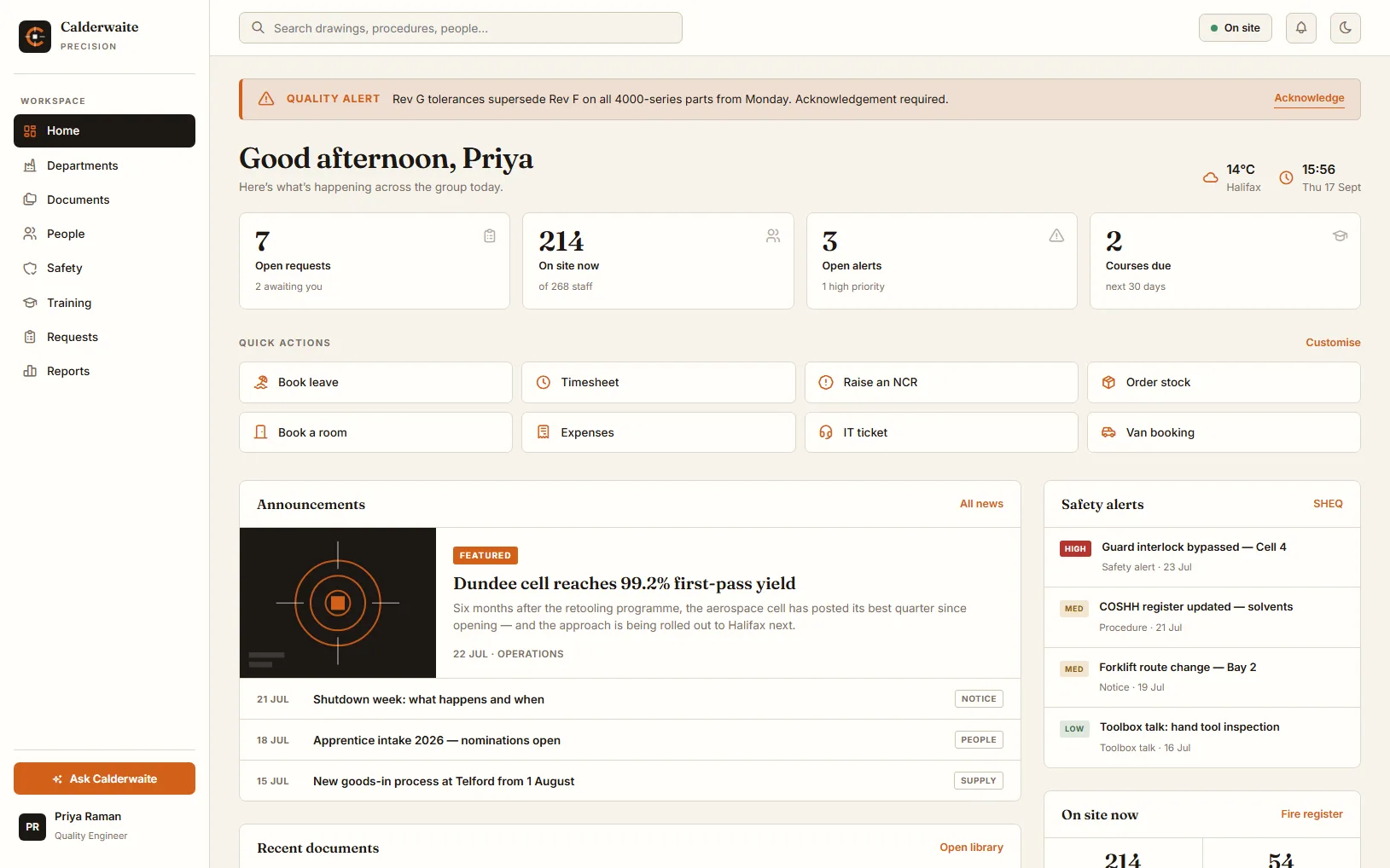 The homepage of a concept intranet for a precision engineering group, with sidebar navigation, editorial typography and operational KPIs.