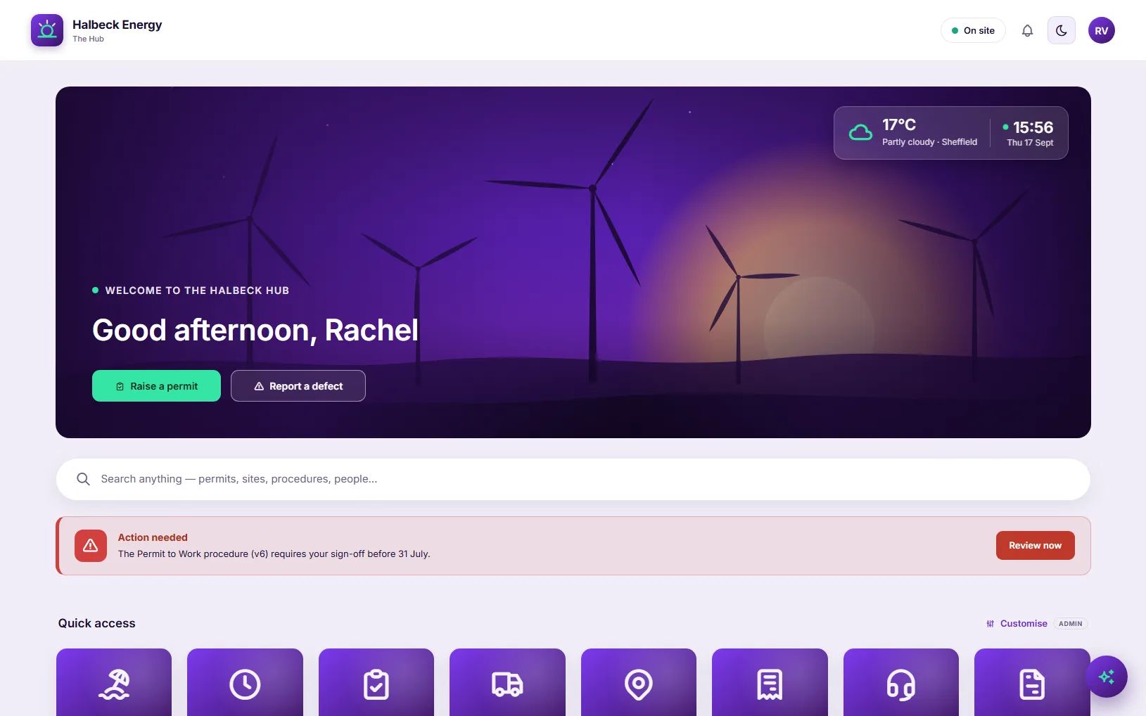 The homepage of a concept intranet for a renewable energy operator, with quick access tiles, department hubs and a safety alert.