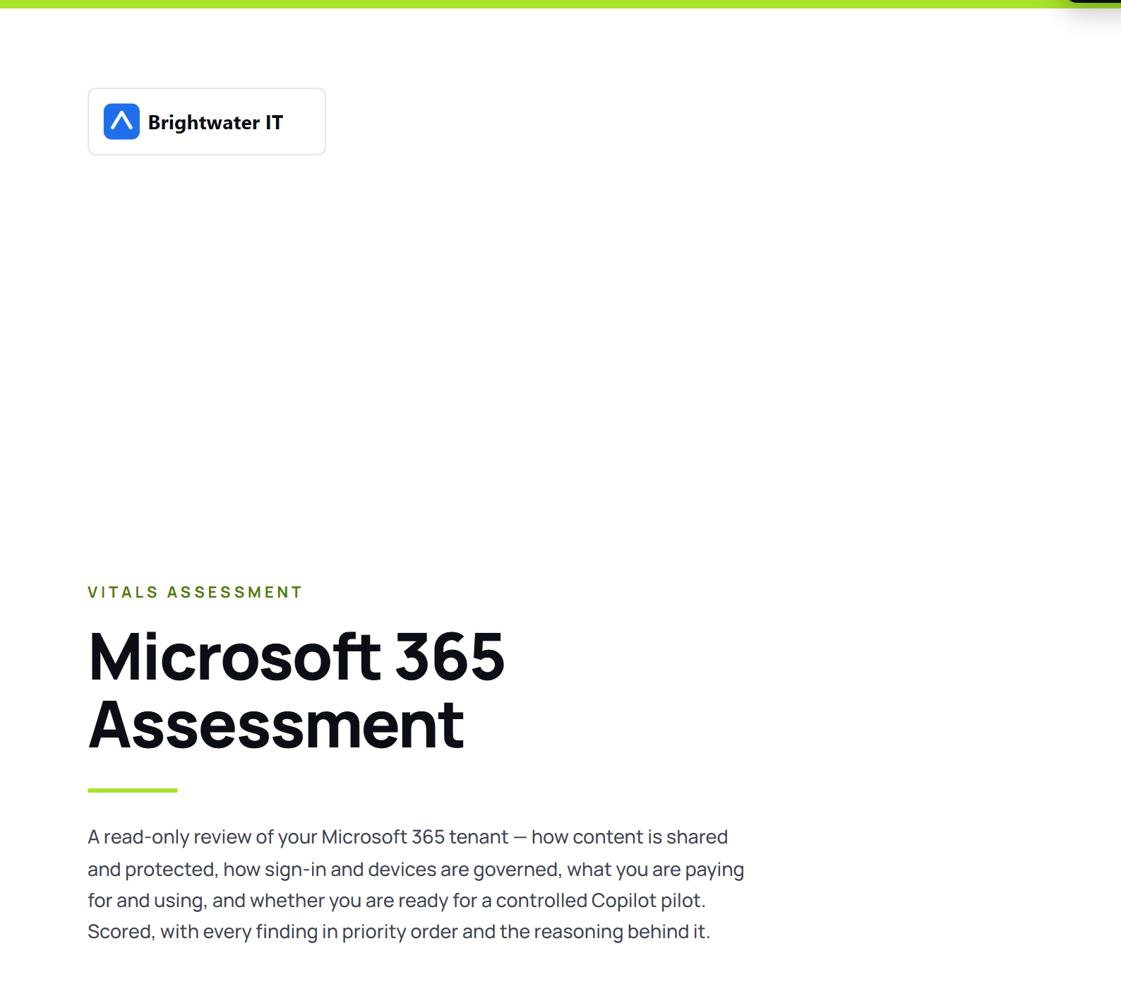The cover of a white-label Vitals report carrying a partner’s own logo and name: Microsoft 365 Assessment, a read-only review of the tenant.